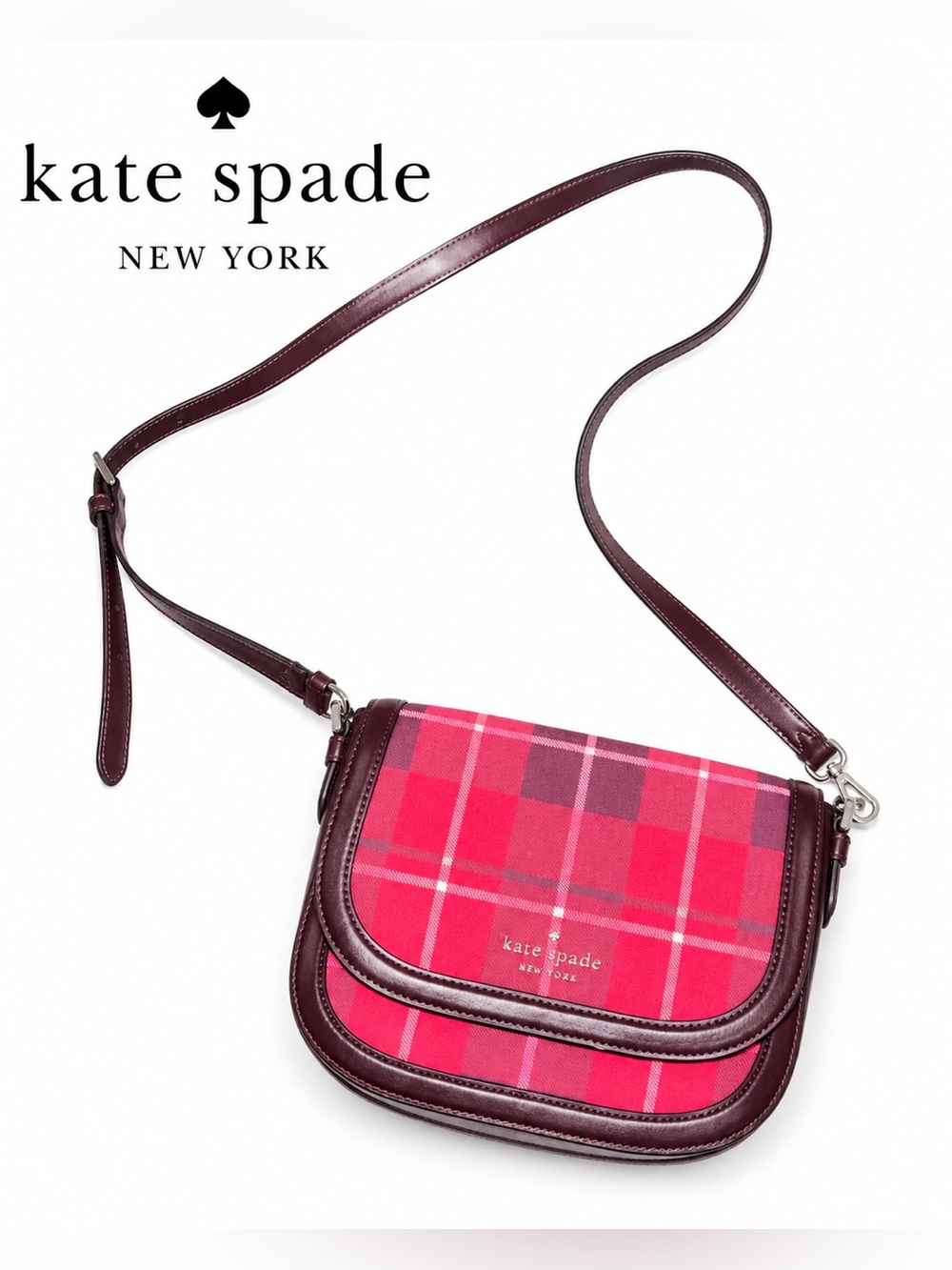 Kate Spade Blake Saddle Bag Bright Rose Multi Plaid Crossbody Purse
